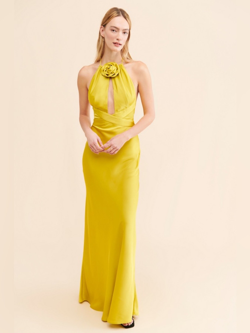 Ronny Kobo Wonder Rose Maxi Dress High Neck w/ Rosette - Chartreuse Melon Color